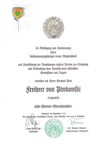 verliehen durch den Heraldischen Verein "Zum Kleeblatt" zu Hannover 1888 e. V.